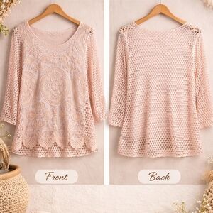 Blush Pink Lace Boho Top Long Sleeve Sheer Crochet Embroidered Blouse